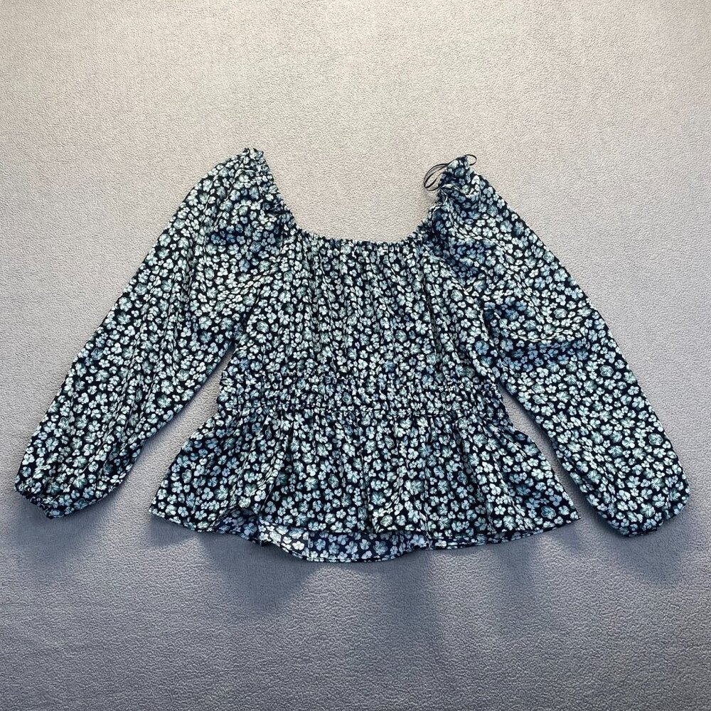 NINE WEST Fashion Top Size XL Long Sleeves Square Neck Peplum Blouse Black/Green - Picture 7 of 9
